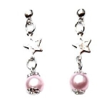 Crystal Earrings 018 (Stud) --  Pink Faux Pearl with Cute Small Stars in Polished Silver Finish