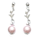 Crystal Earrings 019 (Stud) --  Pink Faux Pearl with Cute Small Leaves in Polished Silver Finish