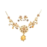 Crystal Necklace Earrings Set Antique 001 -- Amber Swarovski Crystals with Polished Gold Finish