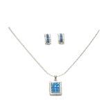 Crystal Necklace Earrings Set Silver 002 --  Cubic Zirconia in Blue with Polished Silver Finish
