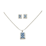 Crystal Necklace Earrings Set Silver 004 --  Cubic Zirconia in Blue and Auqa with Polished Silver Finish